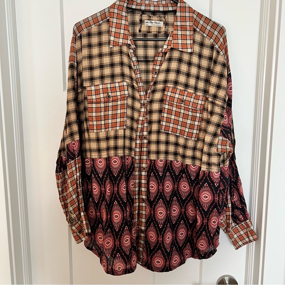 Free People mixed plaid pattern button up shirt size small
